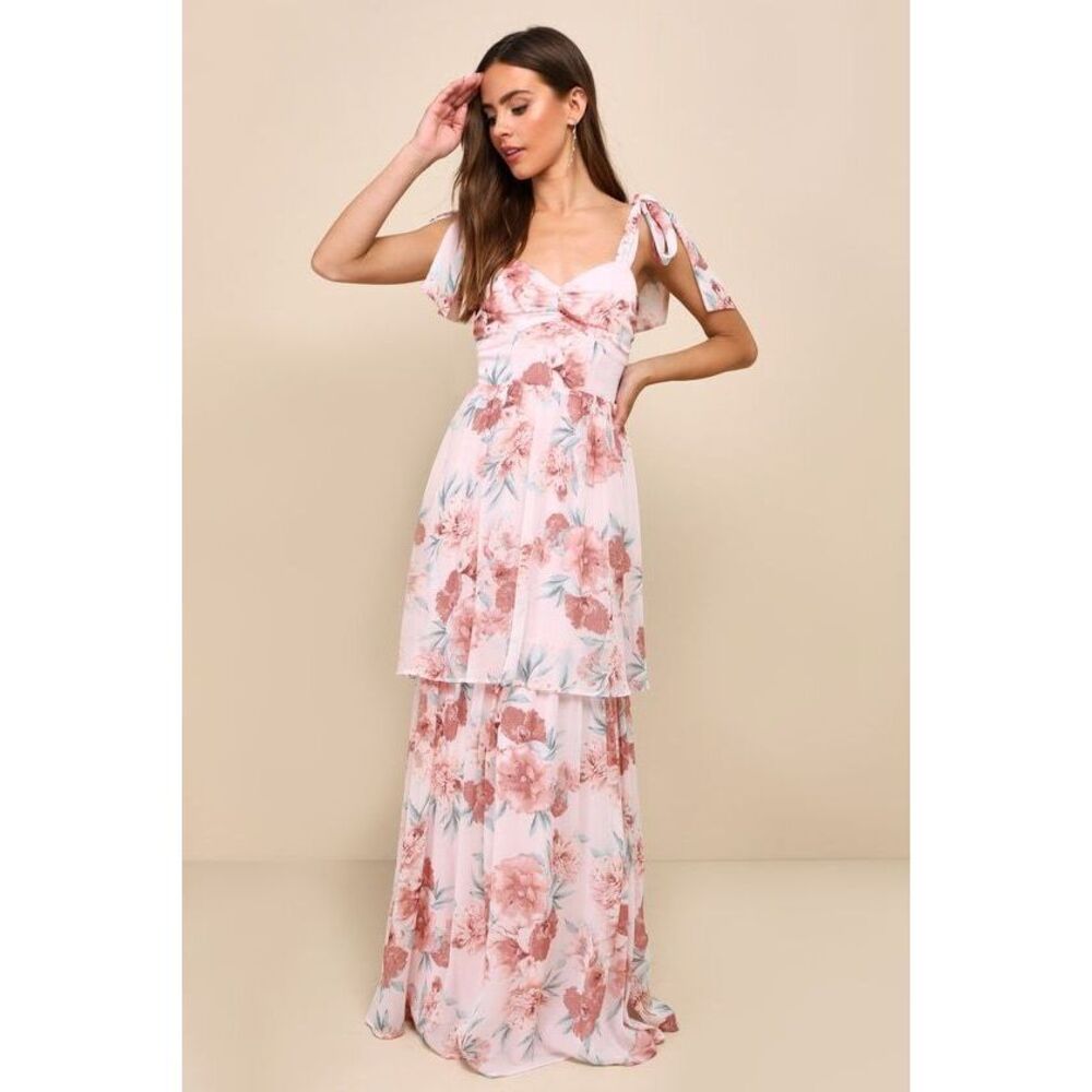 Lulus Phenomenal Poise Light Pink Floral Tie-strap Tiered Maxi Dress